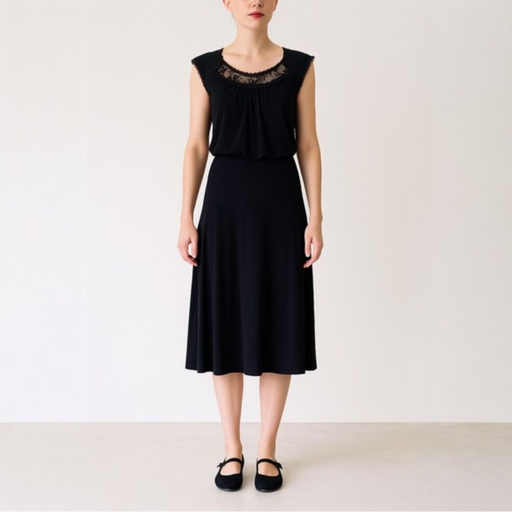 NWT Jody of California Black Dress Lace Trim Sleeveless Midi Size 9 Vintage 80s